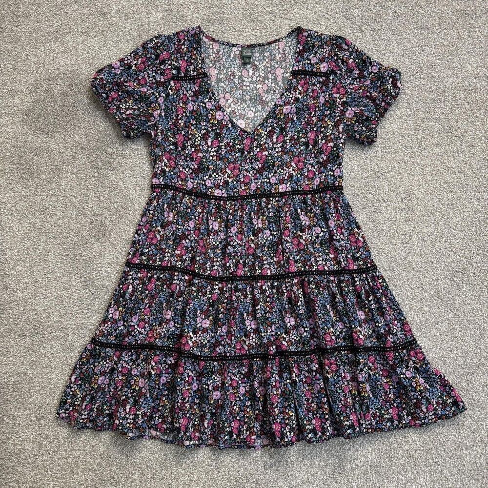 Wild Fable Dress Womens Small Multicolor Floral V Neck Tiered Mini Babydoll Boho